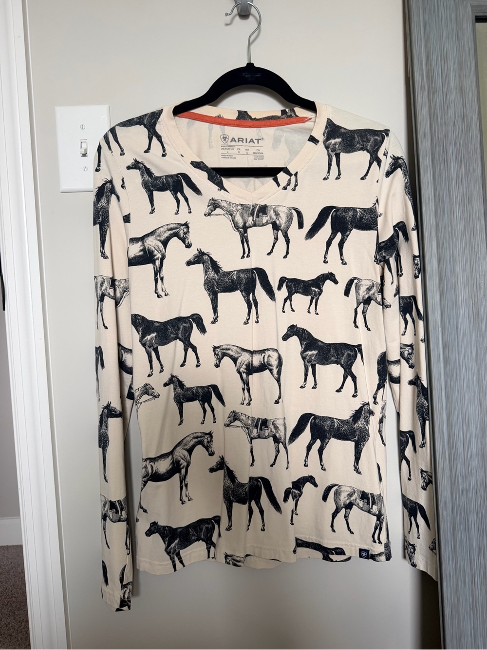 Ariat Cream Long Sleeve Tee with Black Horse Print